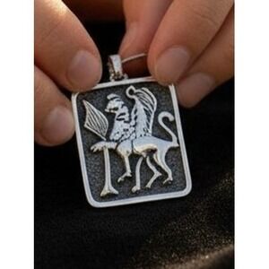 Vintage Griffin Mythological‎ Creature Rectangular Silver Tone Pendant